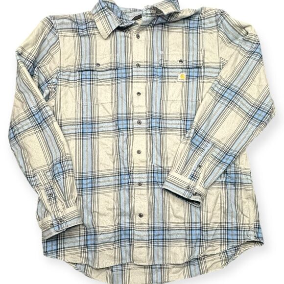 CARHARTT Men’s Tan Gray Blue Plaid Long Sleeve Button Front Work Shirt Loose Fit - Picture 1 of 6